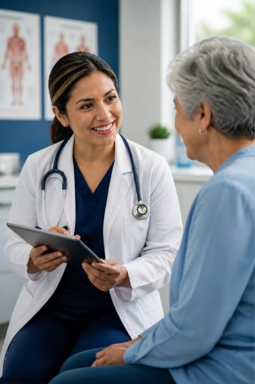 Profesional de la salud revisando información con una paciente durante una consulta